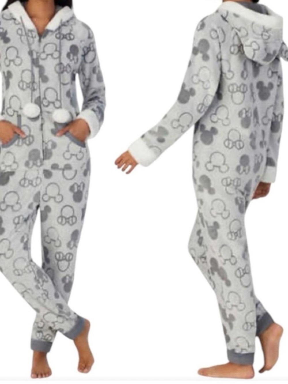 Disney Grey Fleece Hooded Mickey Onesie Women’s Small